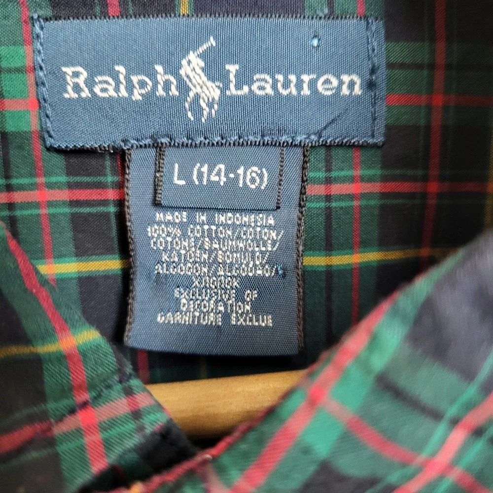 Ralph Lauren Large 14-16 Plaid Button Down Long Sleeve‎ Red Green Yellow Navy - Picture 4 of 8